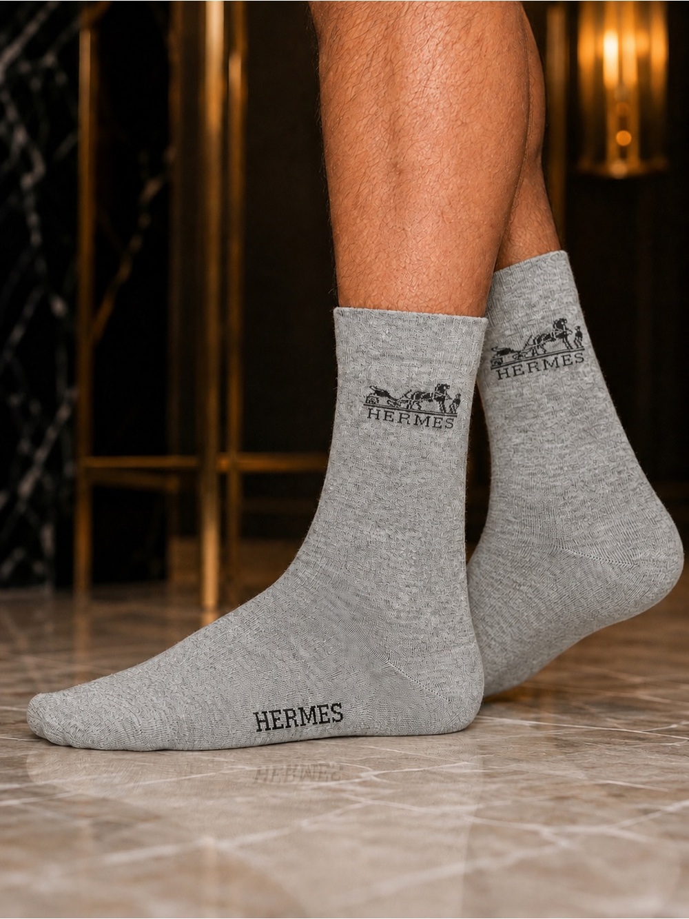 Hermes Men's Grey Logo Crew Socks